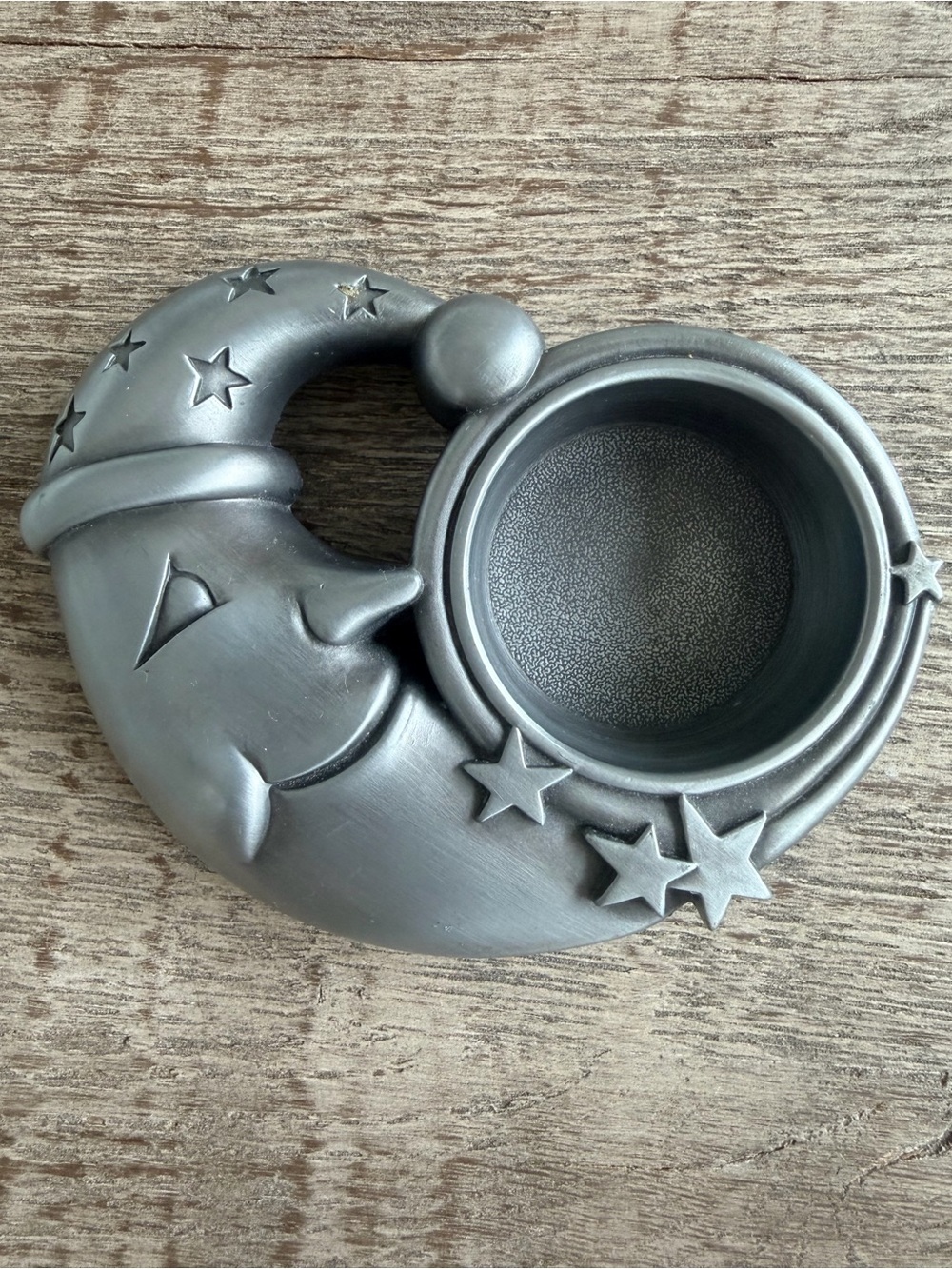 Vintage celestial Silver pewter Moon with Stars sleeping cap Candle Holder